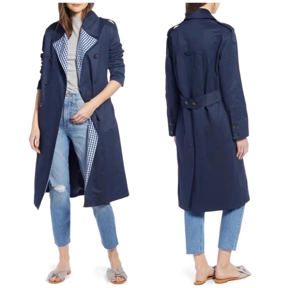 Something Navy Gingham Lined Blue Trench Coat size small